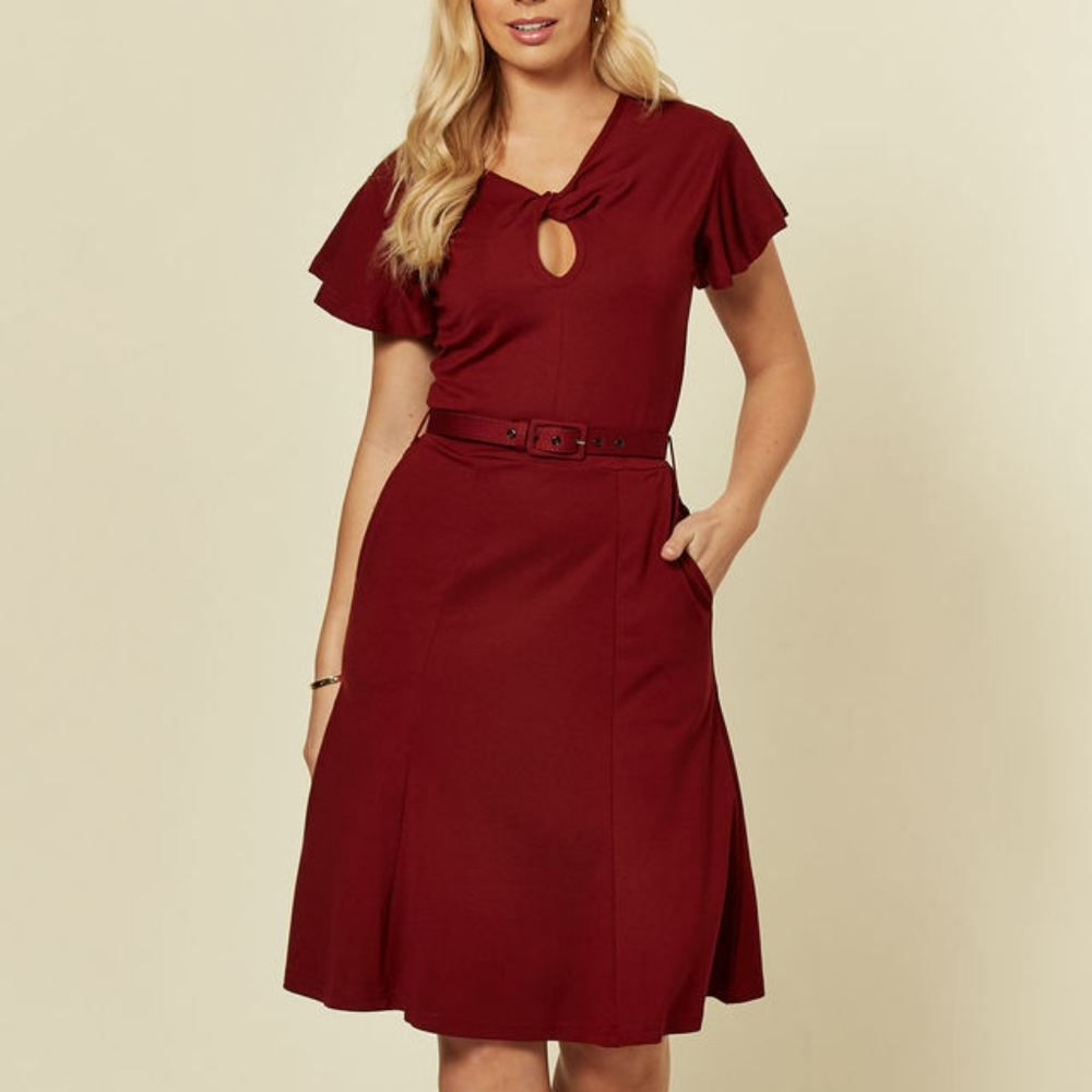 Voodoo Vixen 1950s Style Burgundy Red Twist Keyhole with belt